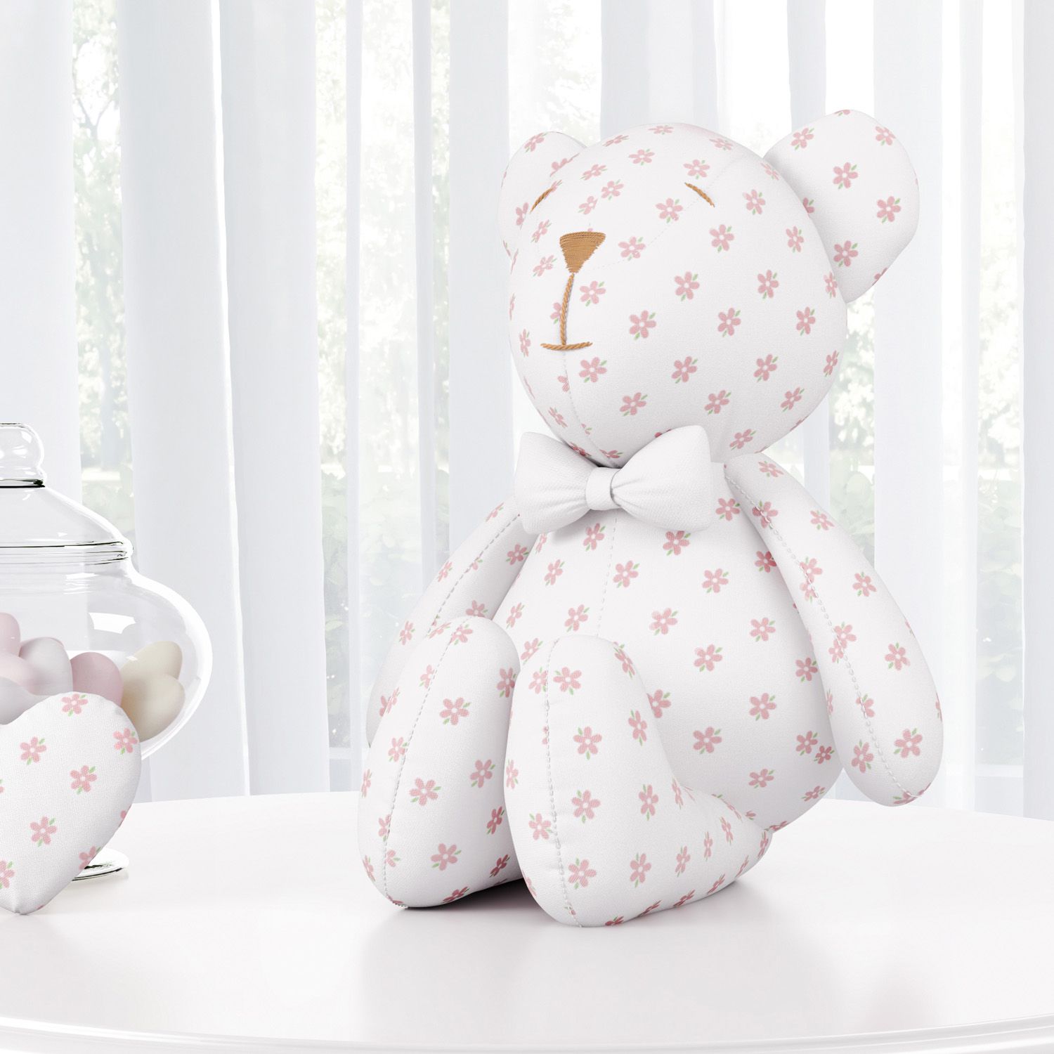 Ursinha Floral com Laço Branco 15cm