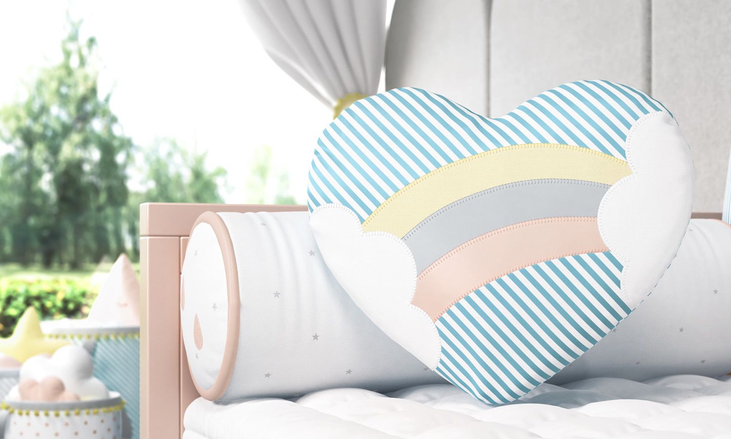 Almofada Coração Bordado Arco-Íris 38cm