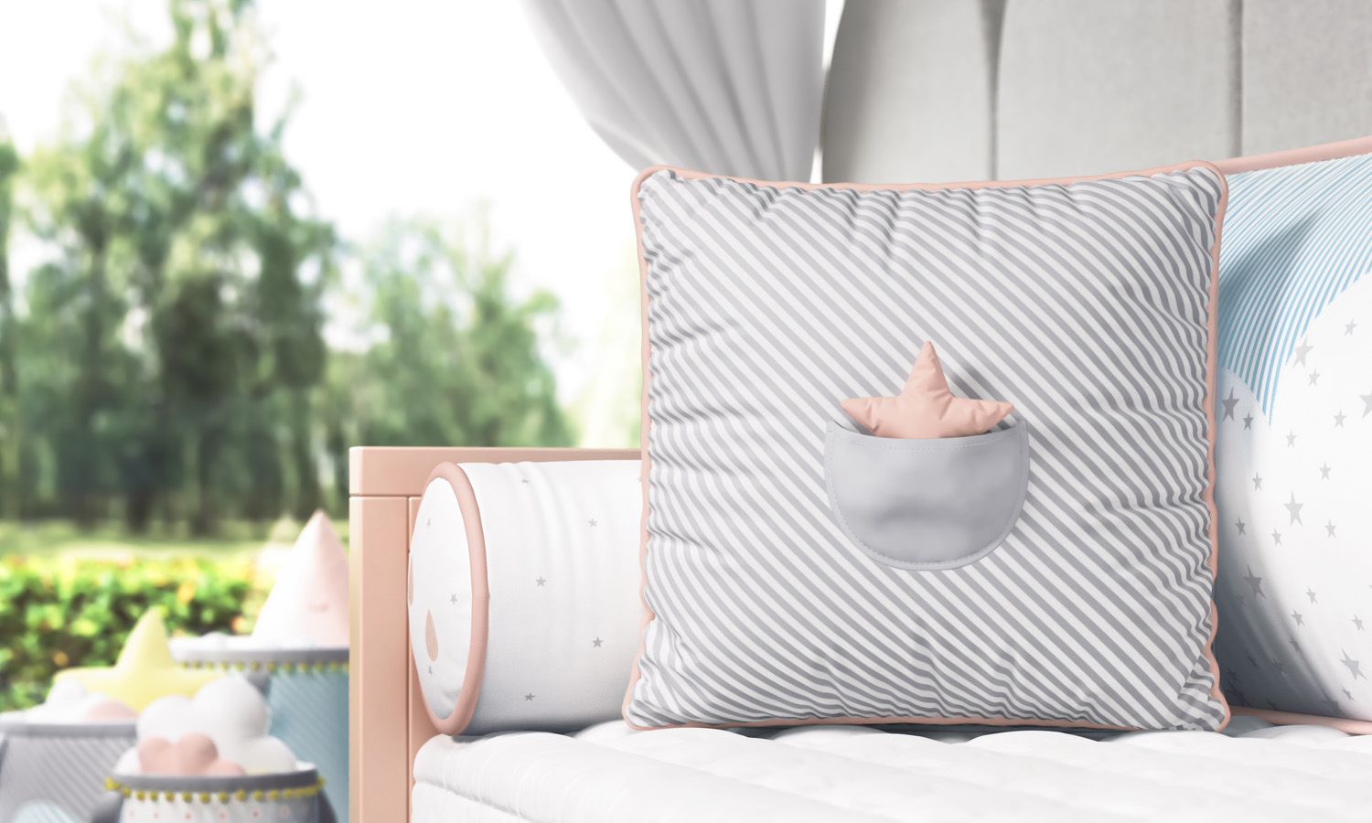 Almofada Listrada com Bolso Estrelinha Cinza/Salmão 38cm