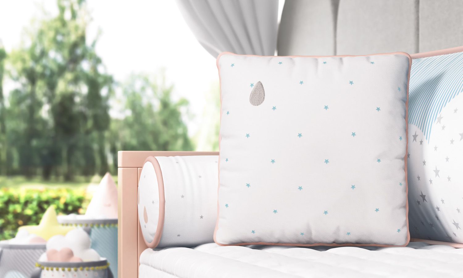 Almofada Estrelinhas Gotinha Azul/Salmão 38cm