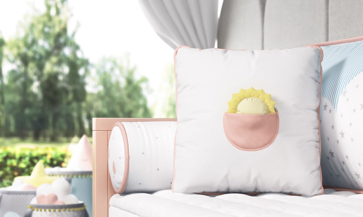 Almofada com Bolso Solzinho Amarelo/Salmão 38cm