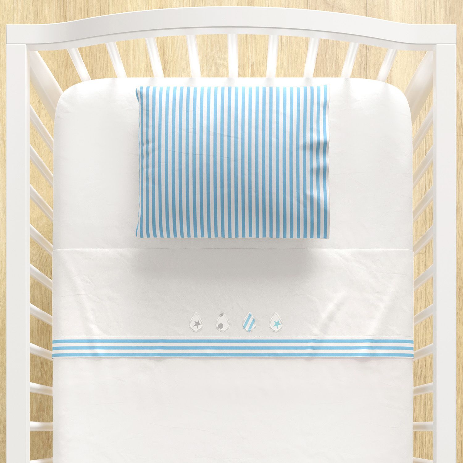 Jogo de Lençol Berço Bordado Gotinhas e Listras Azul 3 peças