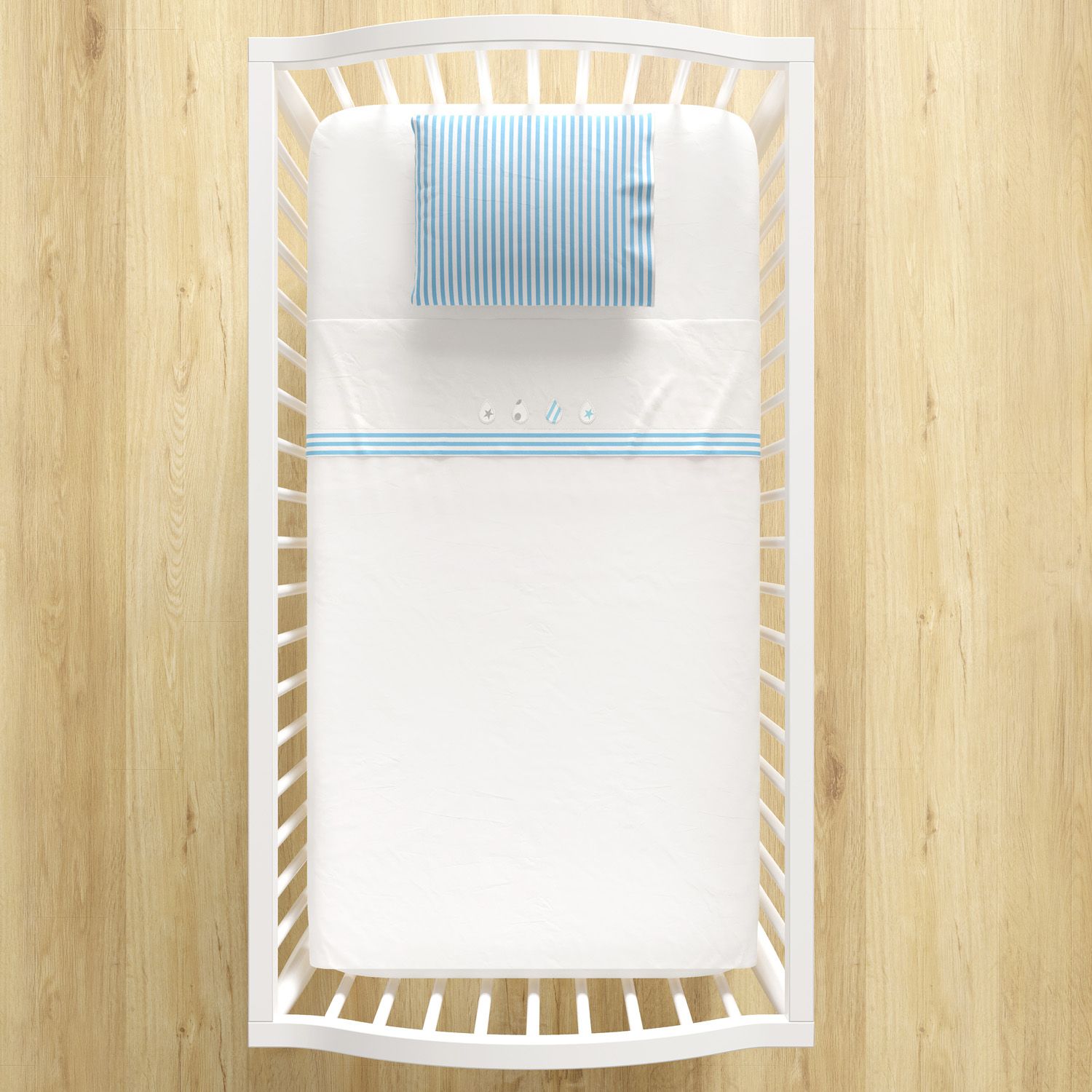 Jogo de Lençol Berço Bordado Gotinhas e Listras Azul 3 peças