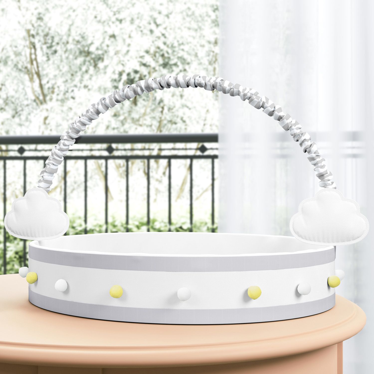 Cesta Nuvem de Algodão com Pompons Cinza