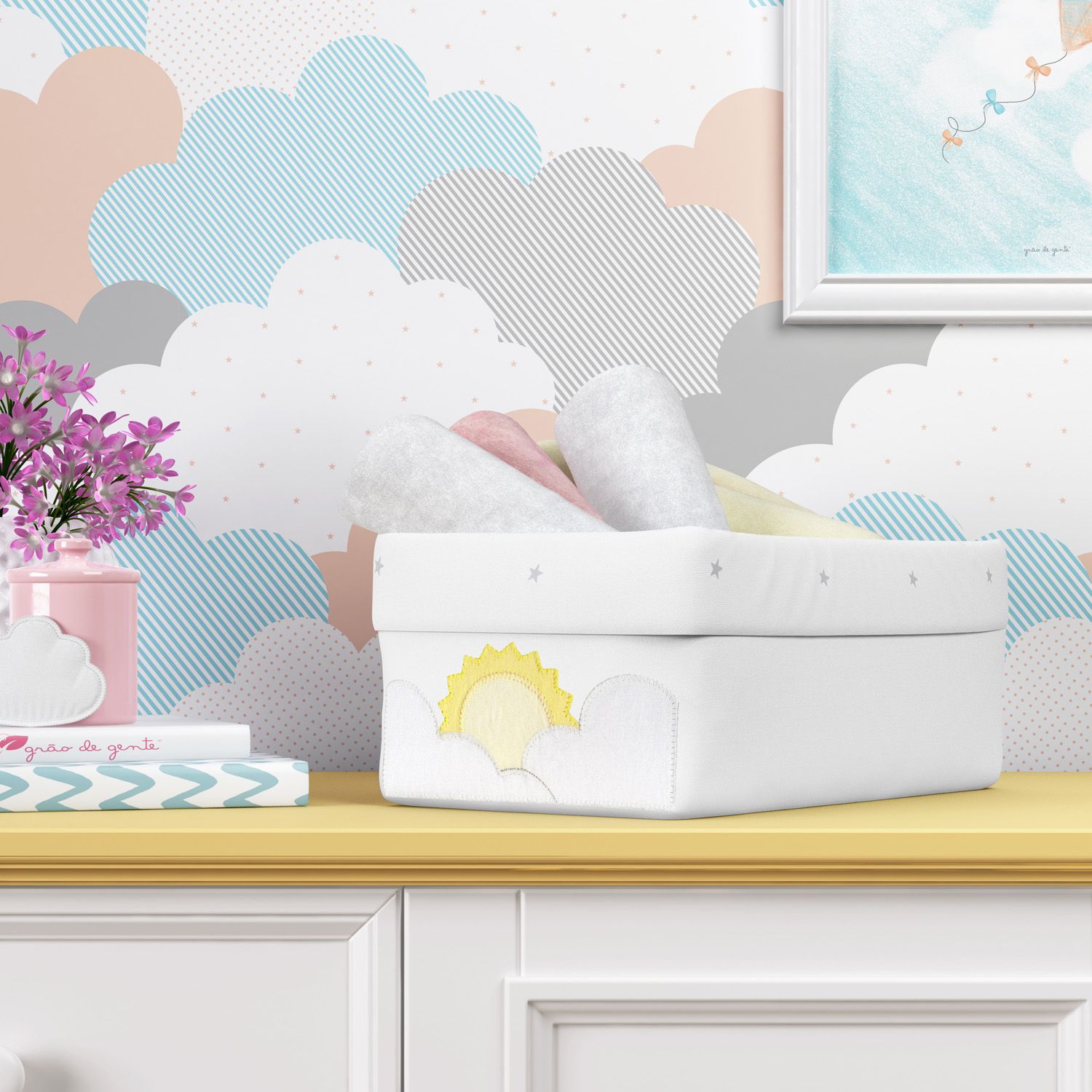 Cesto Organizador Sol e Nuvens de Algodão 40cm