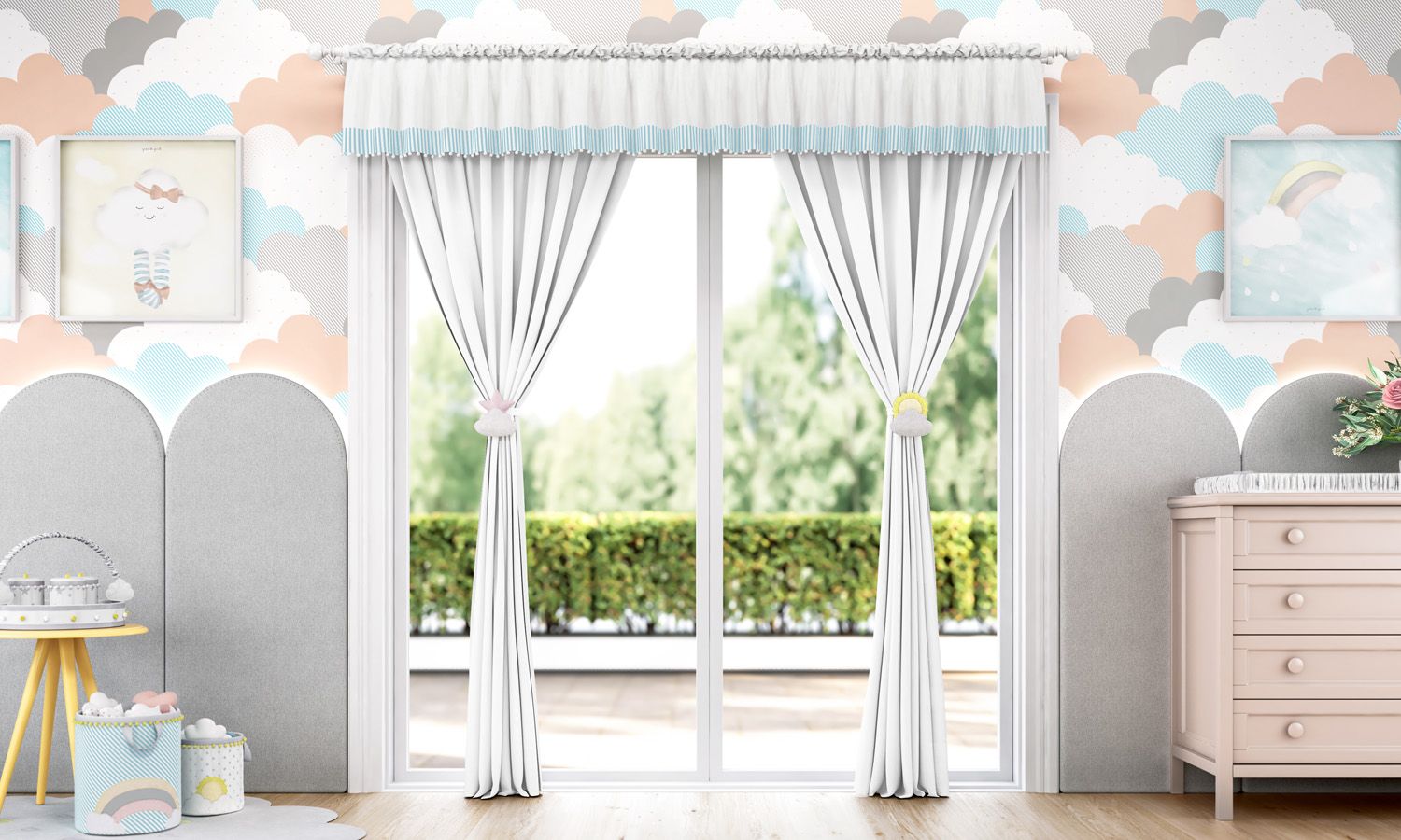 Cortina Listrada com Pompons Azul/Branco