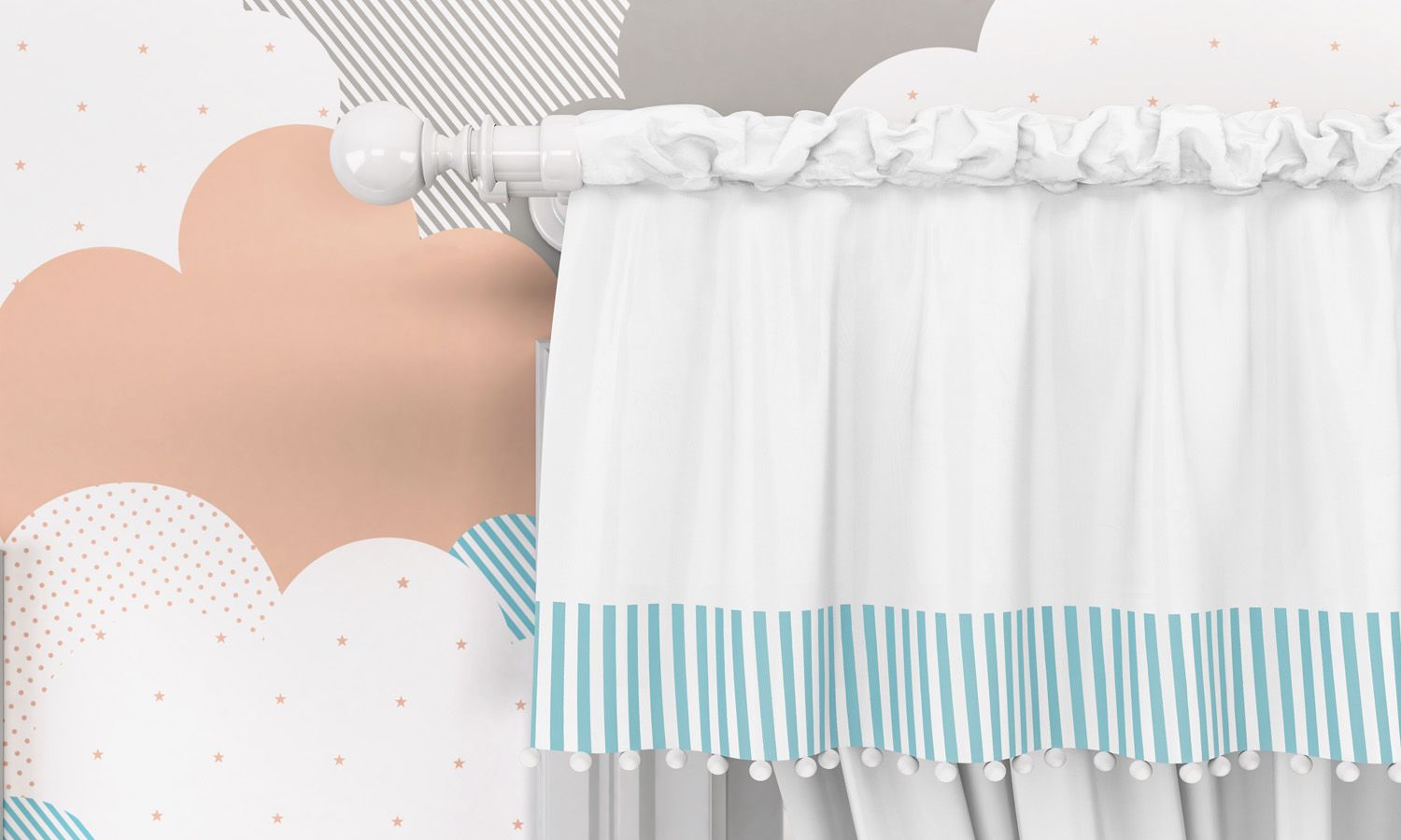 Cortina Listrada com Pompons Azul/Branco