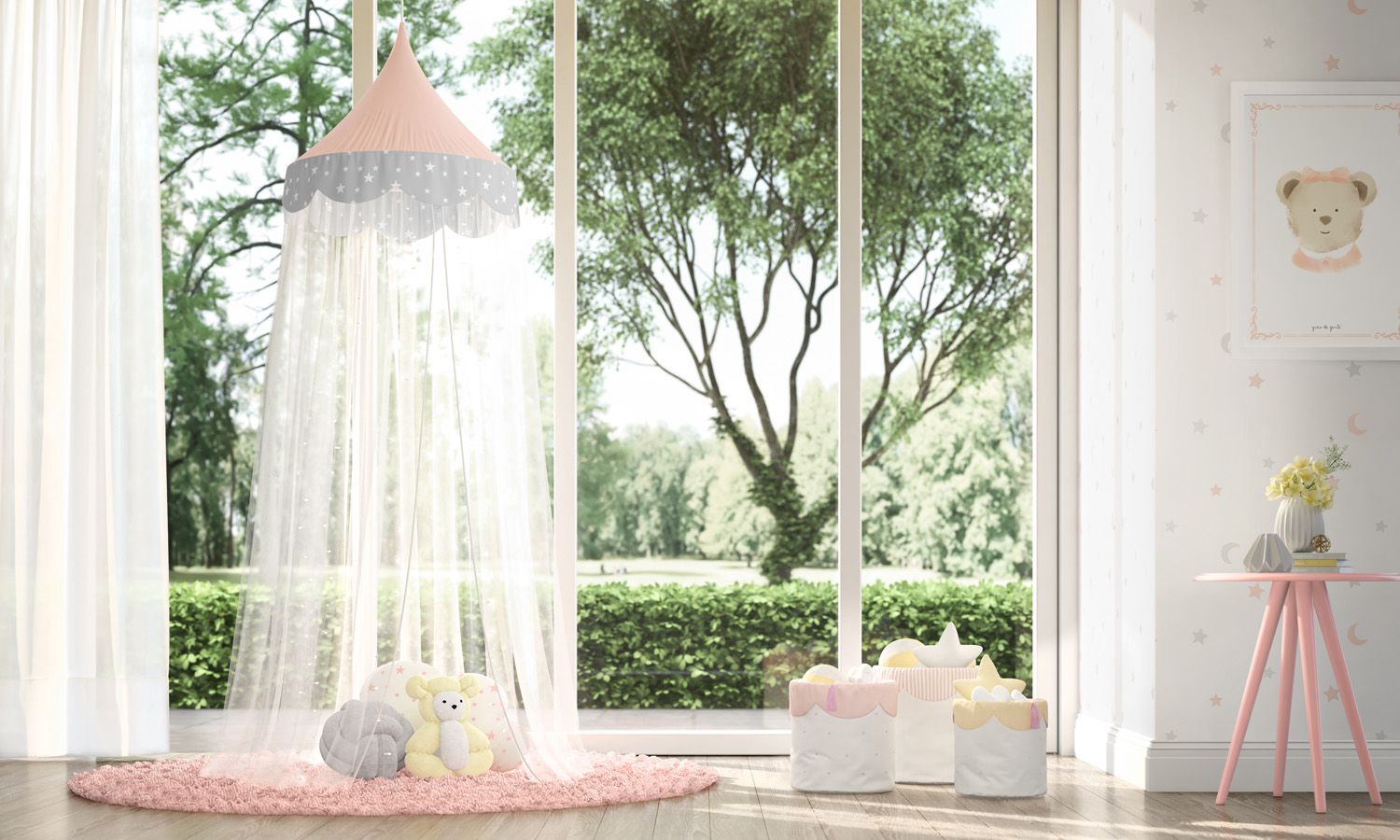Tenda Dossel Estrelinhas Rosa/Cinza 2m