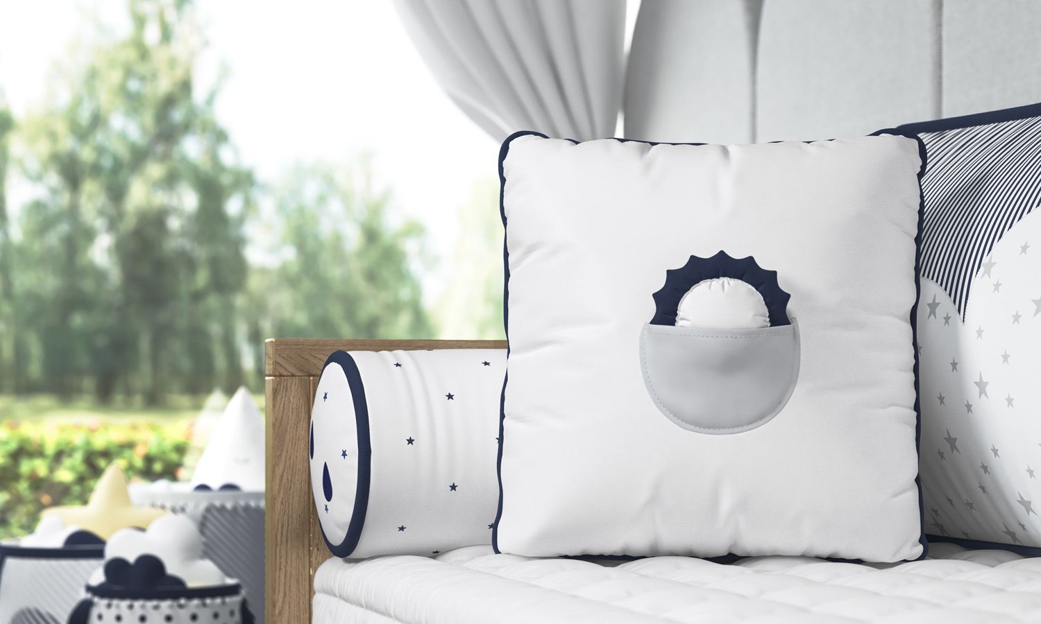 Almofada com Bolso Solzinho Amarelo/Salmão 38cm