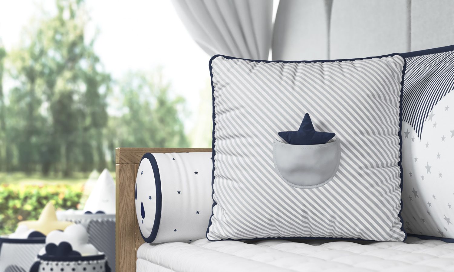 Almofada Listrada com Bolso Estrelinha Cinza/Salmão 38cm