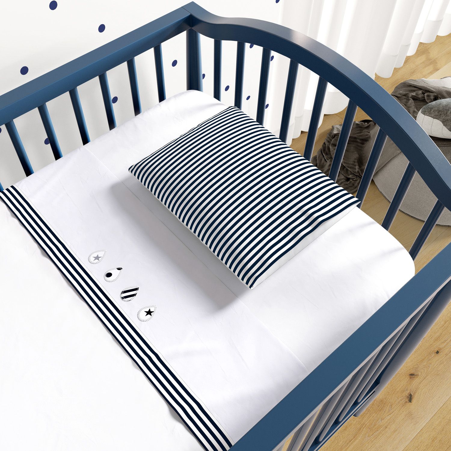 Jogo de Lençol Berço Bordado Gotinhas e Listras Azul 3 peças