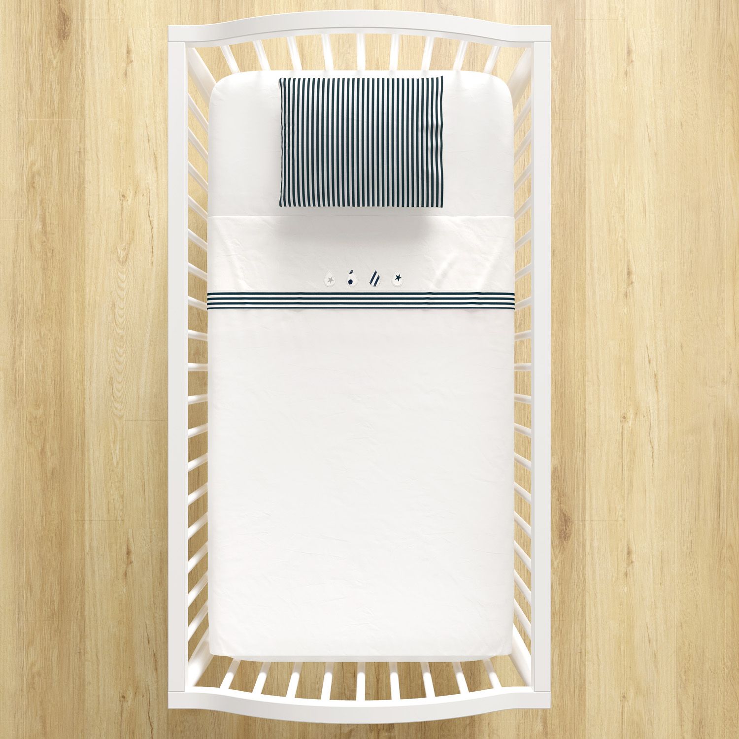 Jogo de Lençol Berço Bordado Gotinhas e Listras Azul 3 peças