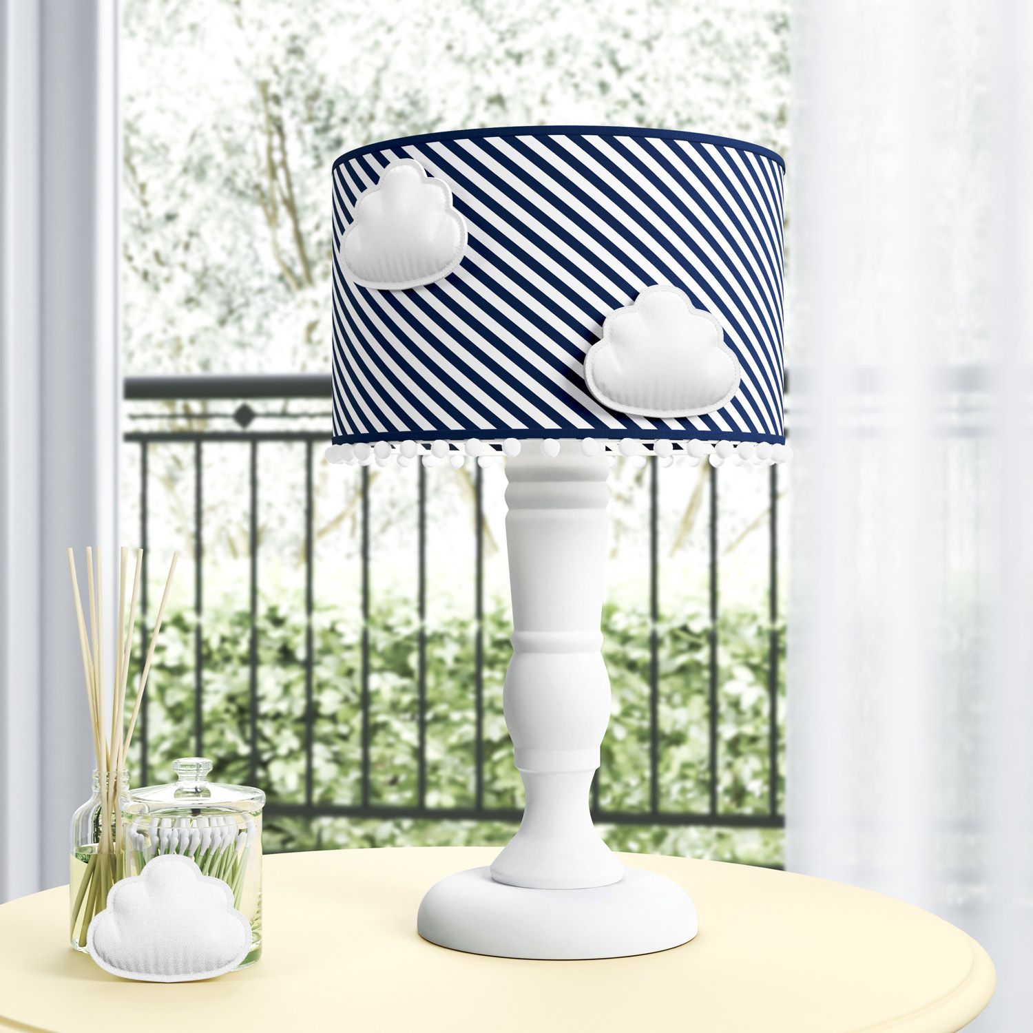 Abajur Madeira Nuvem Pompom Azul e Salmão