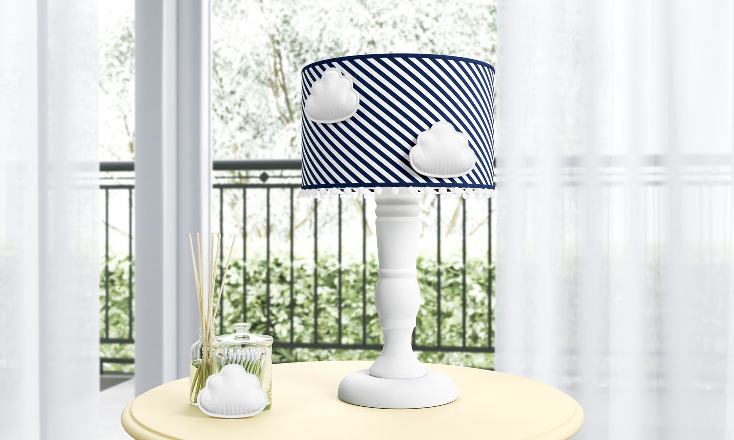 Abajur Madeira Nuvem Pompom Azul e Salmão