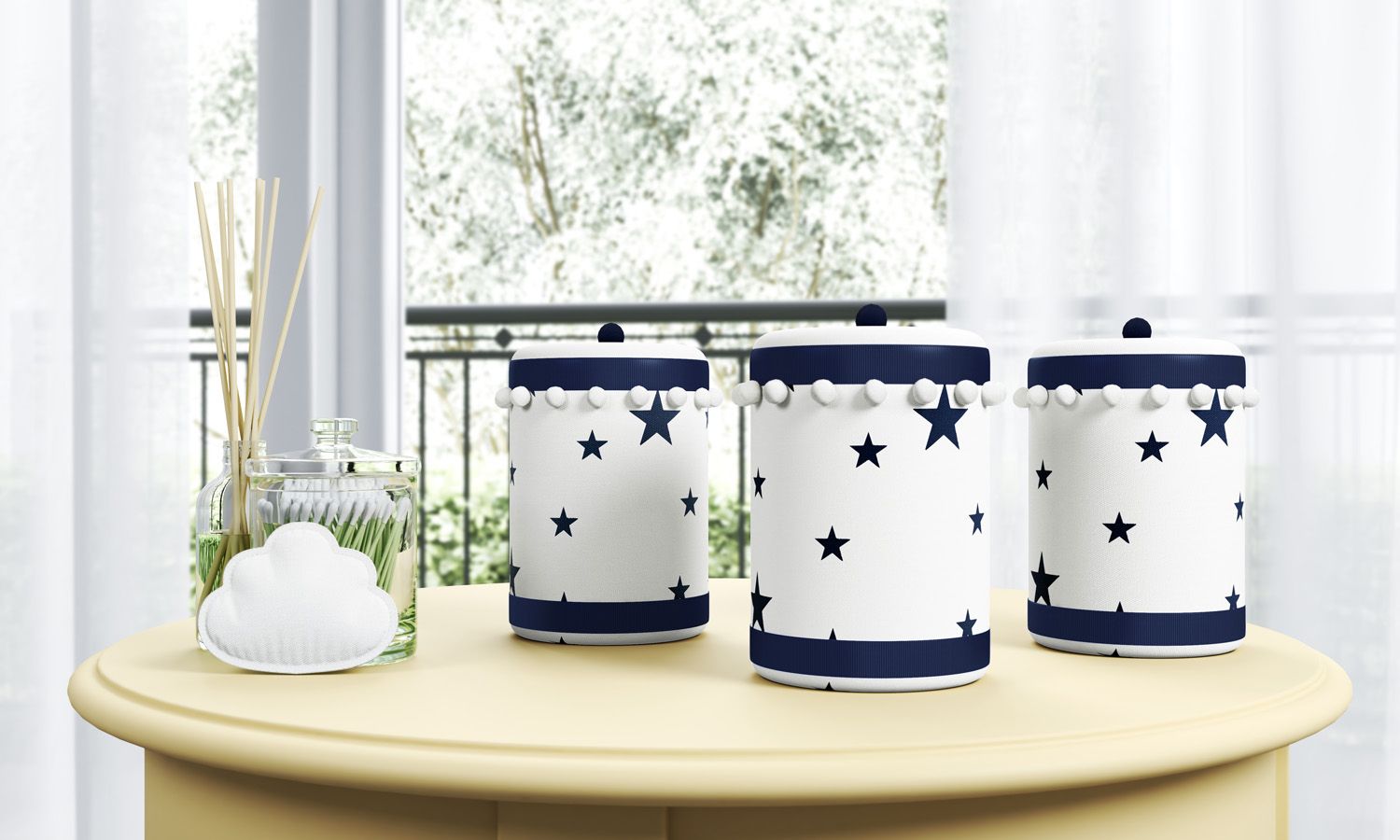 Jogo de Potes Estrelinhas e Pompons Cinza