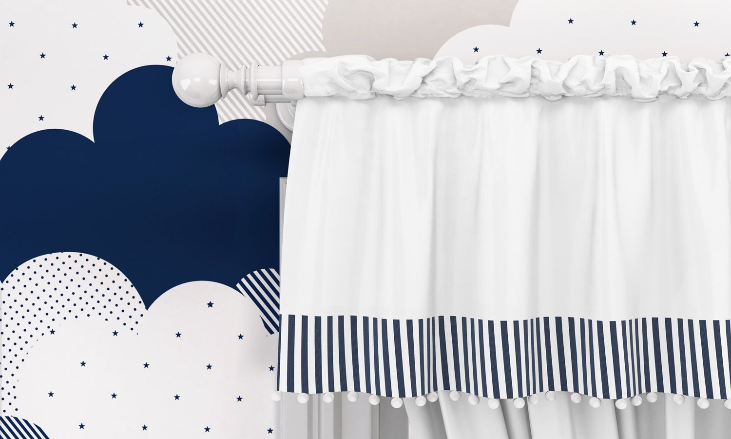 Cortina Listrada com Pompons Azul/Branco