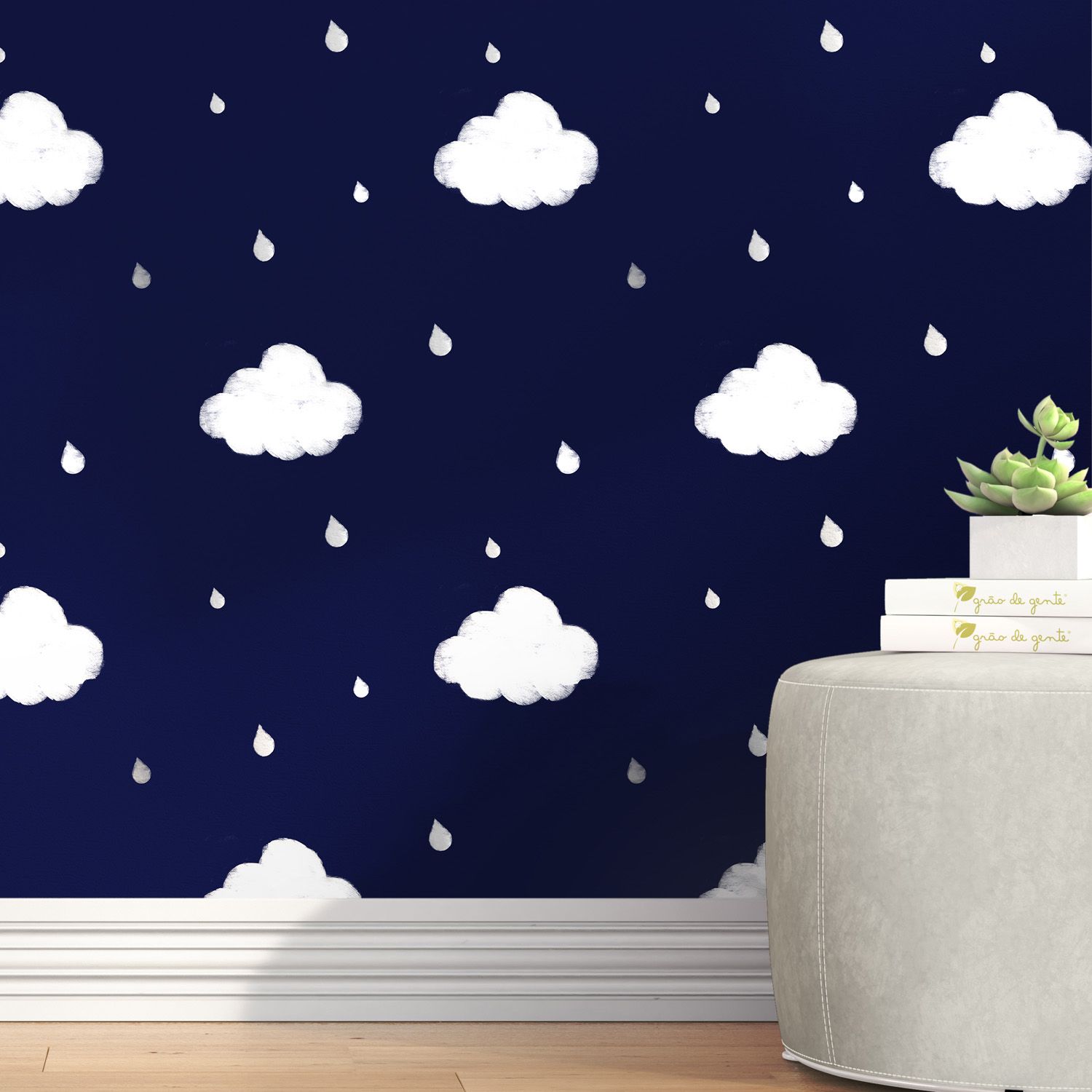 Papel de Parede Nuvens e Gotinhas Azul Marinho 3m