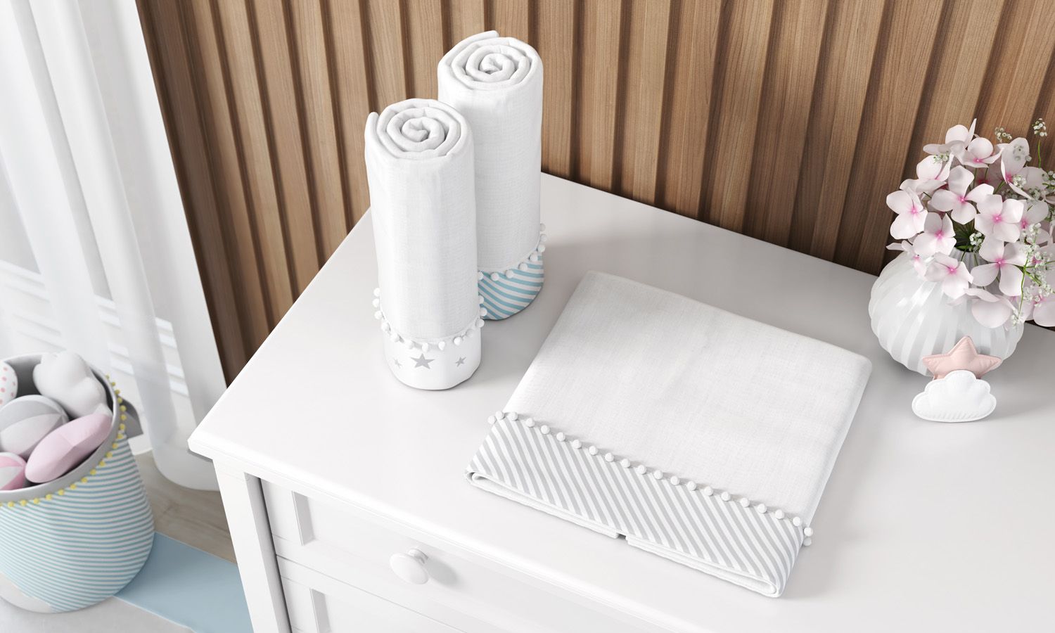 Jogo de Fraldas de Ombro Barra Listras e Estrelinhas com Pompom