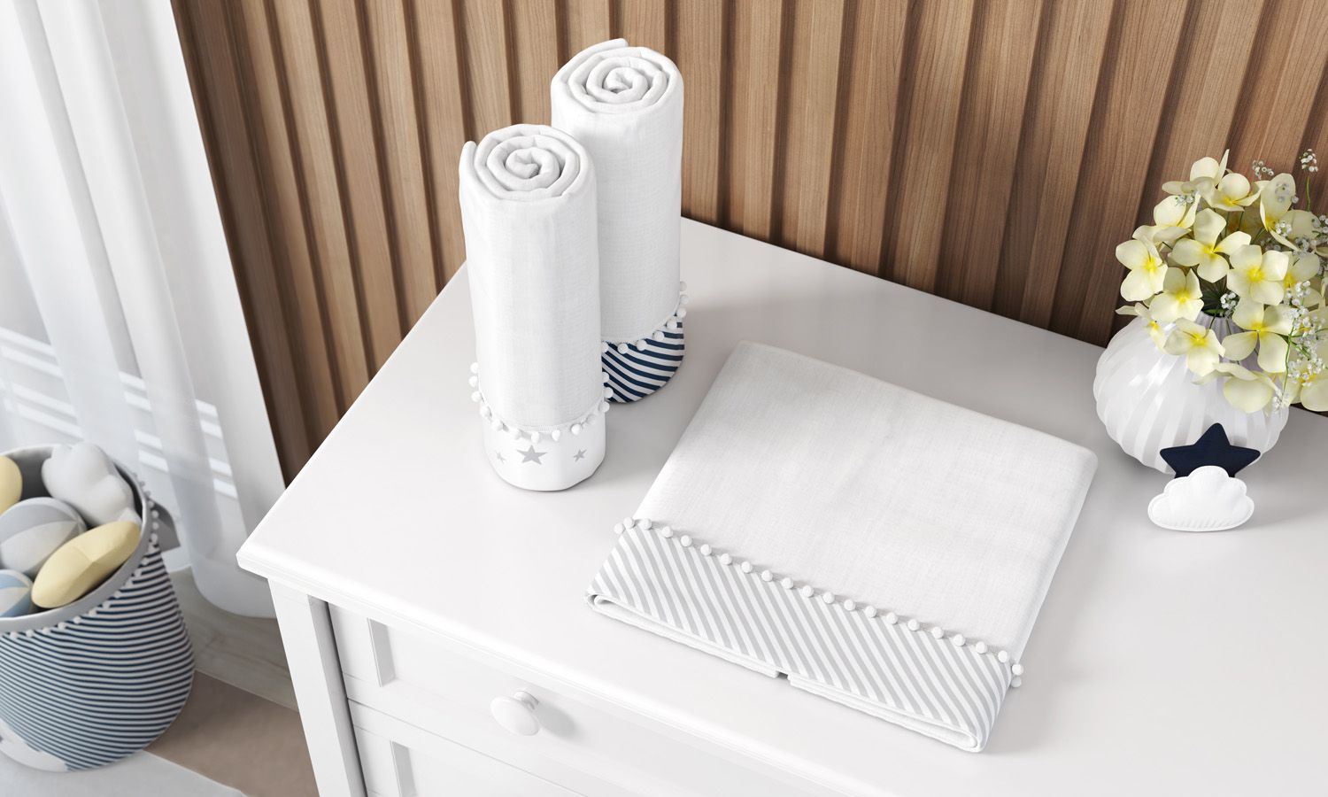 Jogo de Fraldas de Ombro Barra Listras e Estrelinhas com Pompom