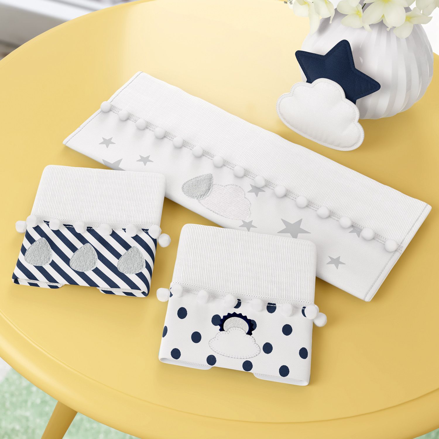 Jogo de Fraldas de Boca com Barra Nuvem de Algodão Azul Marinho