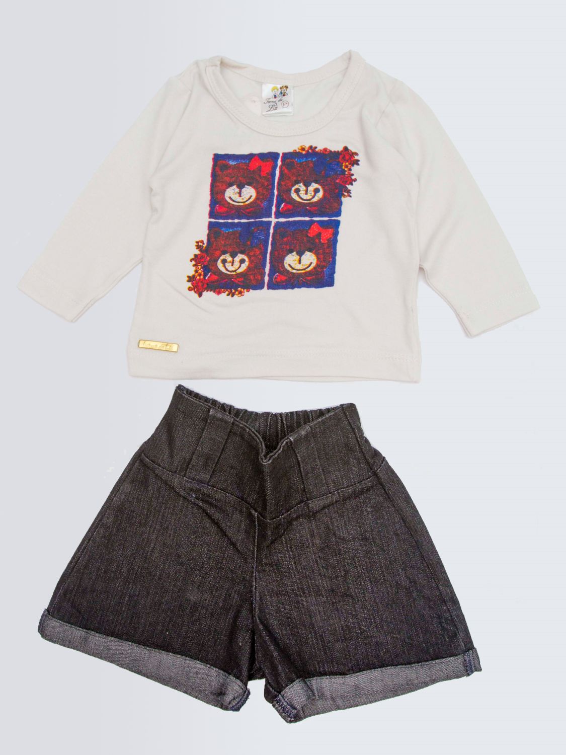 Conjunto com Shorts Jeans Bebê Creme