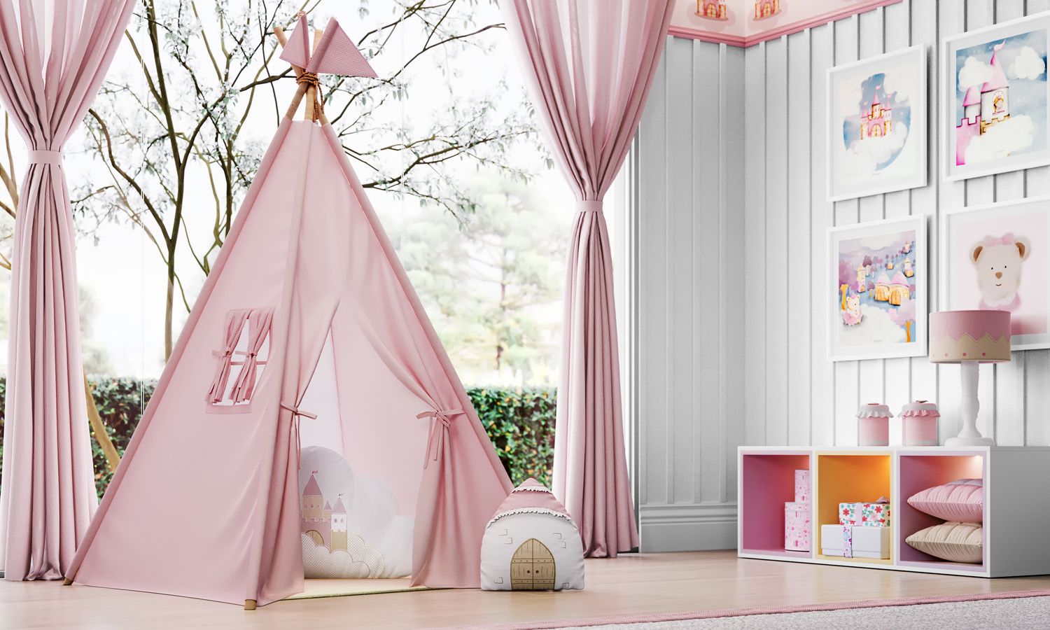 Cabana Quarto de Bebê com Bandeirinhas Rosa