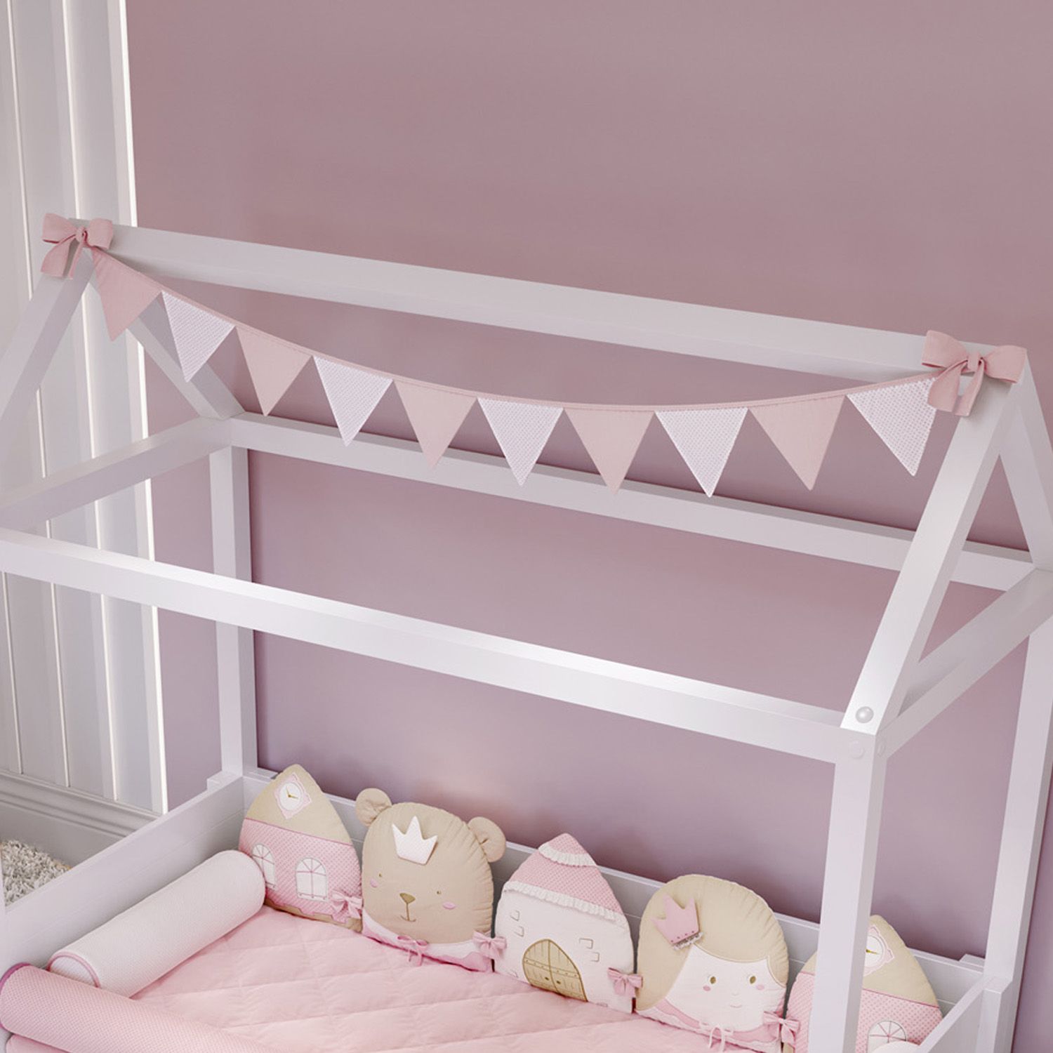 Varal de Cama Bandeirinhas Branco/Rosa 1,60m