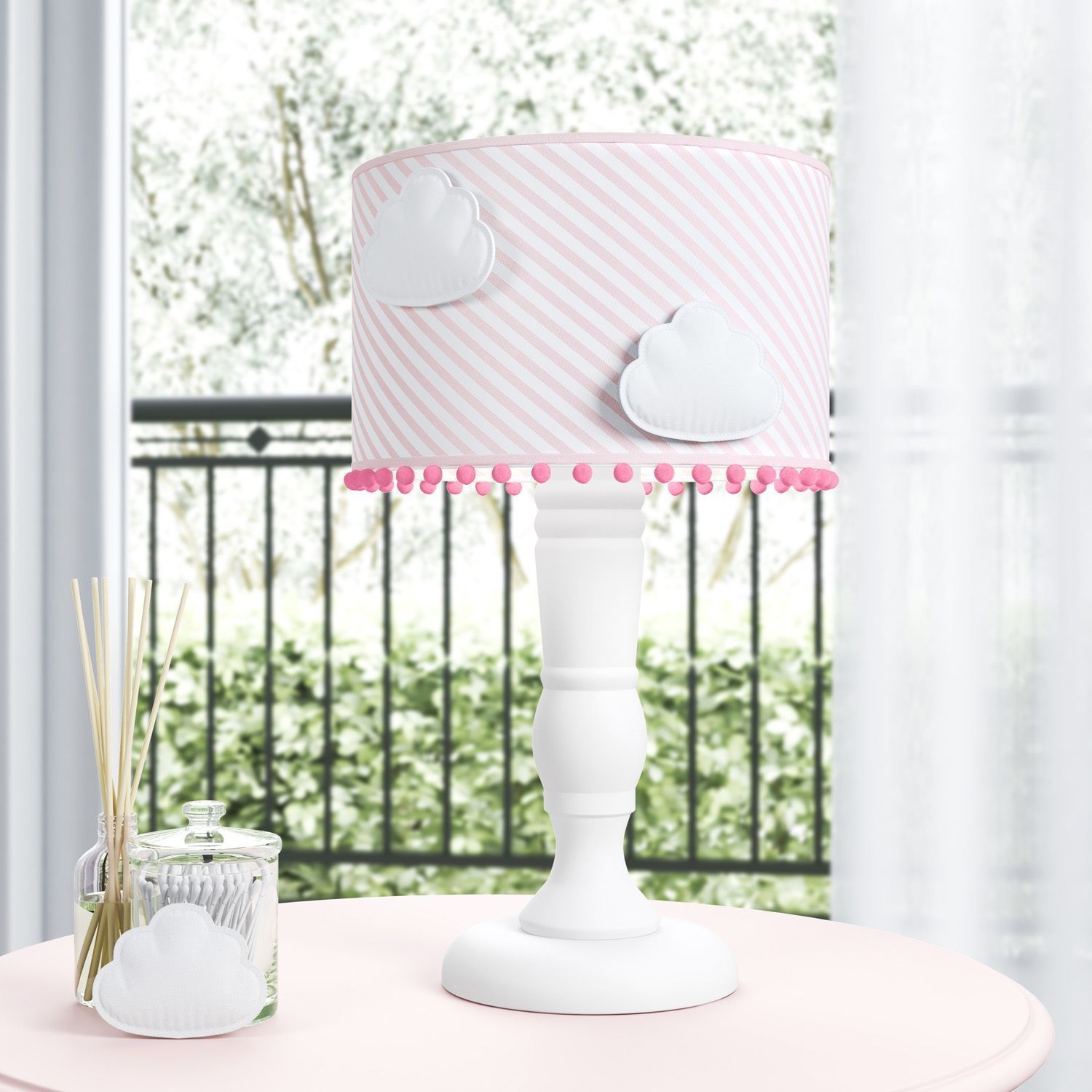 Abajur Madeira Nuvem Pompom Azul e Salmão