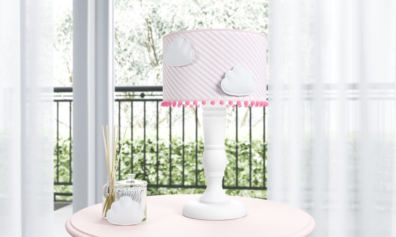 Abajur Madeira Nuvem Pompom Azul e Salmão