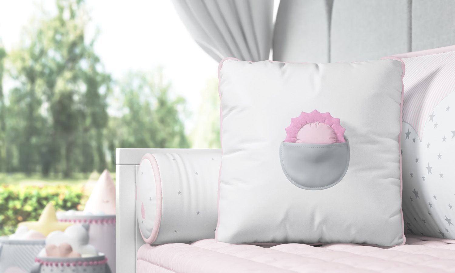 Almofada com Bolso Solzinho Amarelo/Salmão 38cm