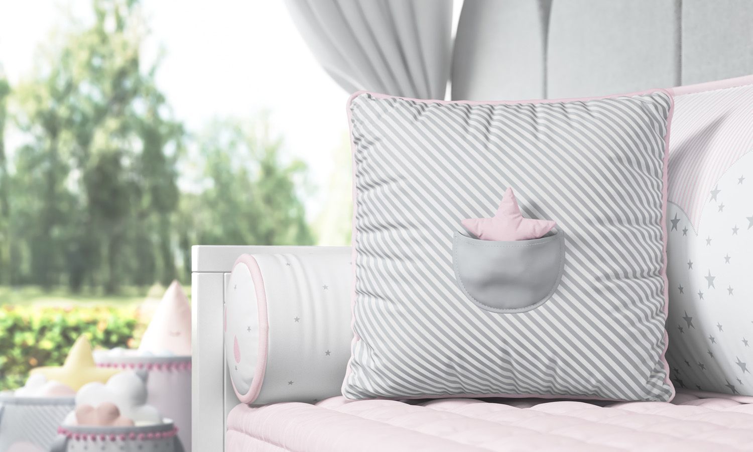 Almofada Listrada com Bolso Estrelinha Cinza/Salmão 38cm