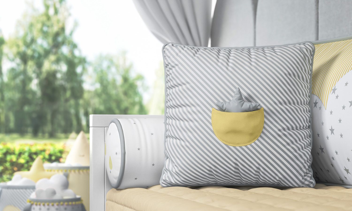 Almofada Listrada com Bolso Estrelinha Cinza/Salmão 38cm