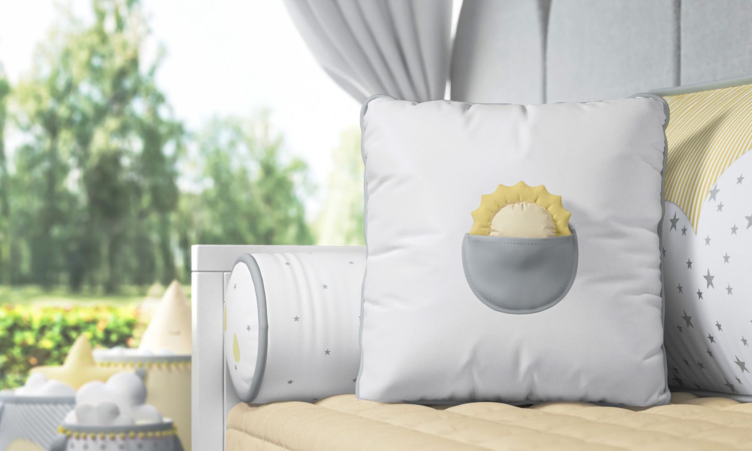 Almofada com Bolso Solzinho Amarelo/Salmão 38cm