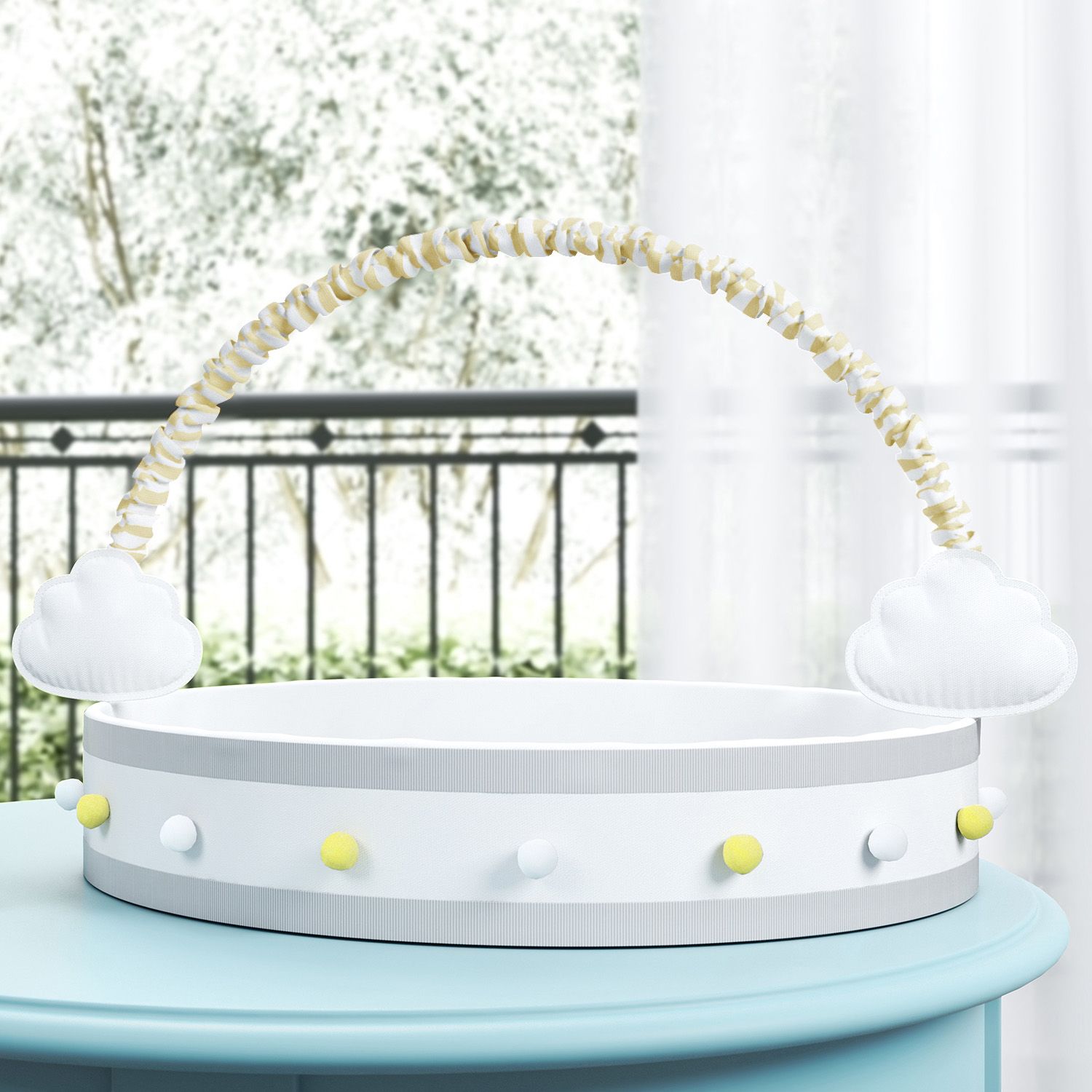 Cesta Nuvem de Algodão com Pompons Cinza