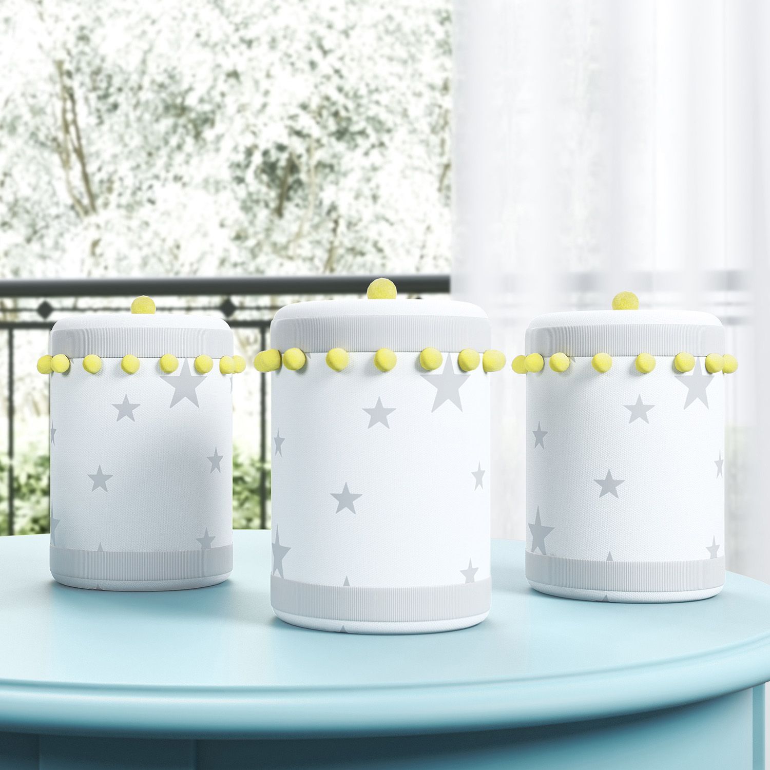 Jogo de Potes Estrelinhas e Pompons Cinza