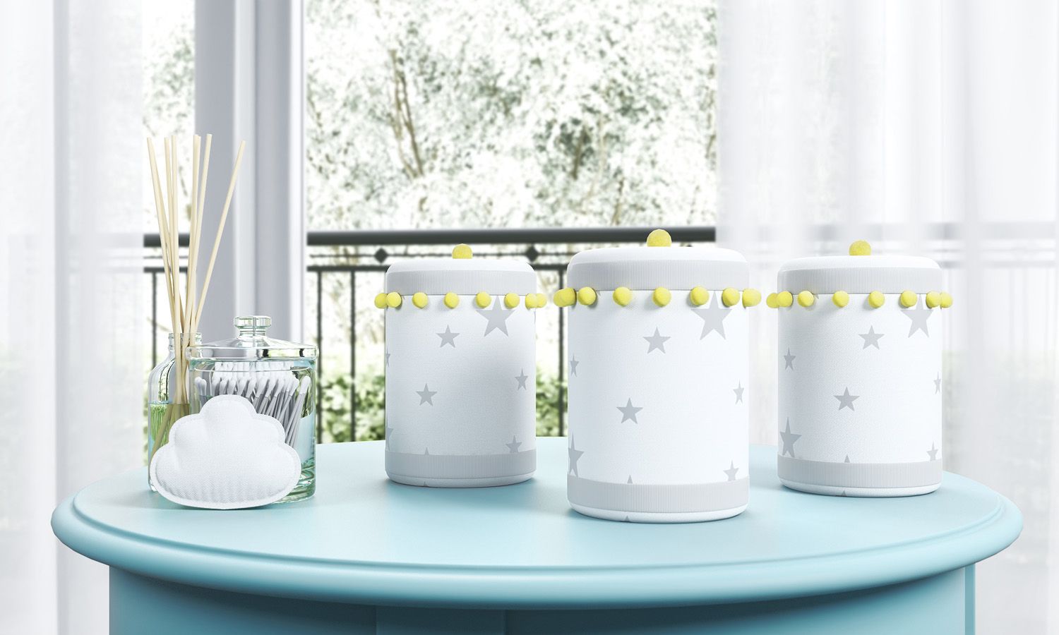 Jogo de Potes Estrelinhas e Pompons Cinza