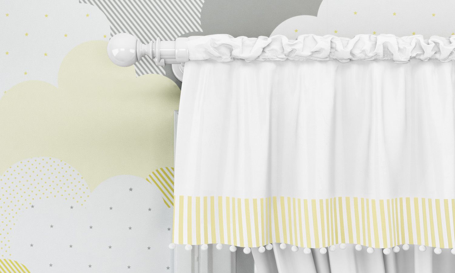 Cortina Listrada com Pompons Azul/Branco