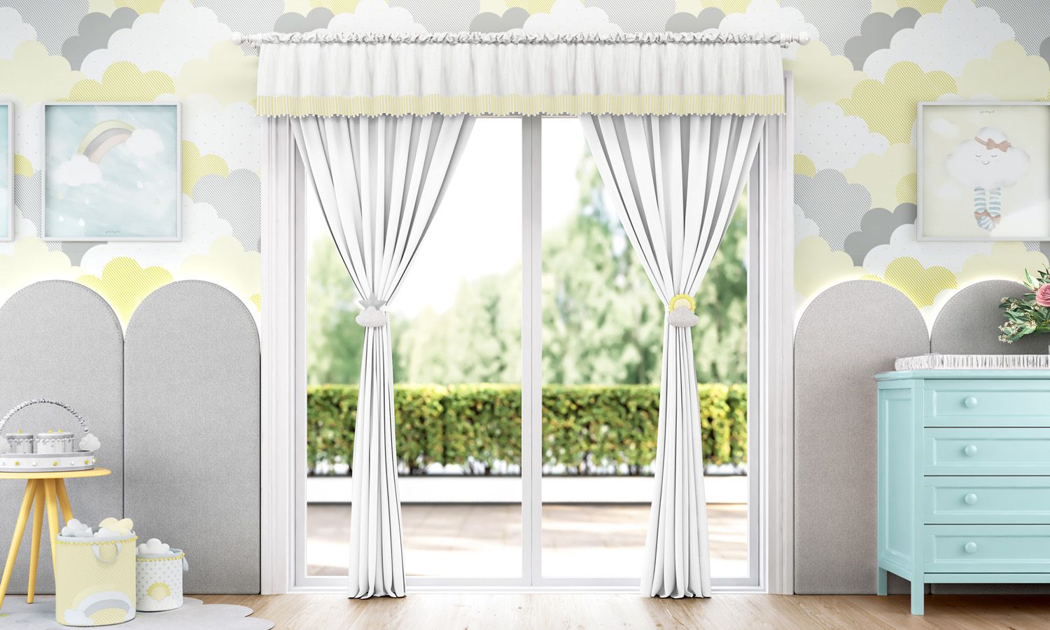 Cortina Listrada com Pompons Azul/Branco