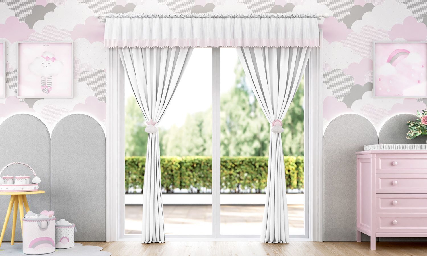 Cortina Listrada com Pompons Azul/Branco