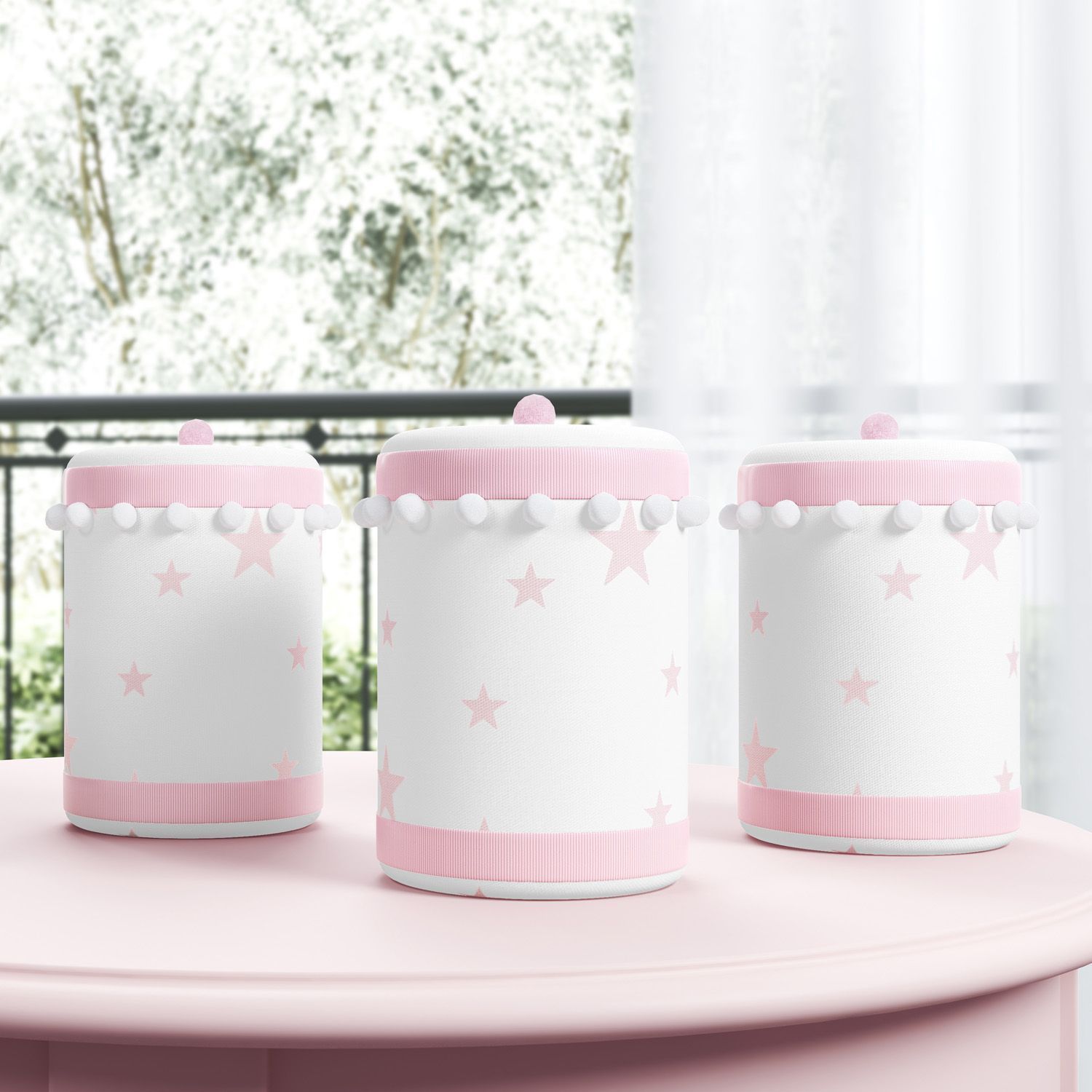 Jogo de Potes Estrelinhas e Pompons Cinza