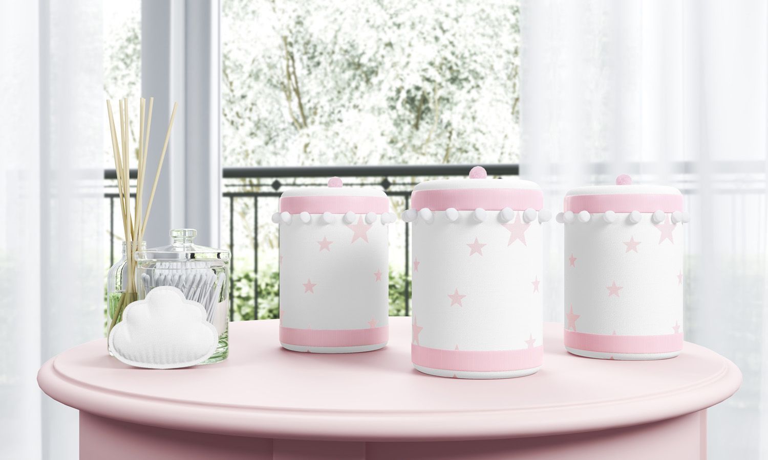 Jogo de Potes Estrelinhas e Pompons Cinza