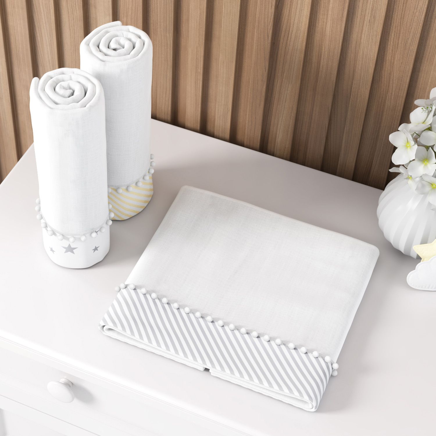 Jogo de Fraldas de Ombro Barra Listras e Estrelinhas com Pompom