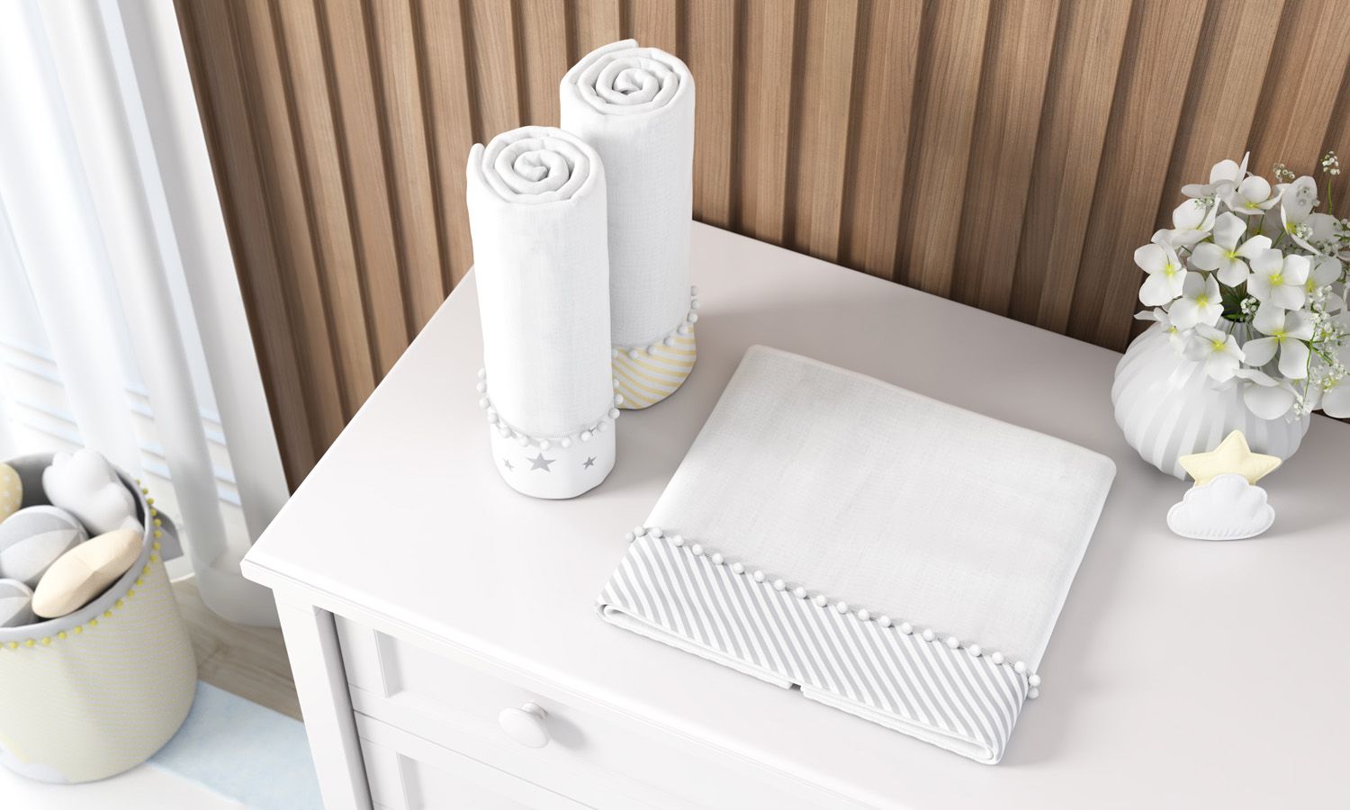 Jogo de Fraldas de Ombro Barra Listras e Estrelinhas com Pompom