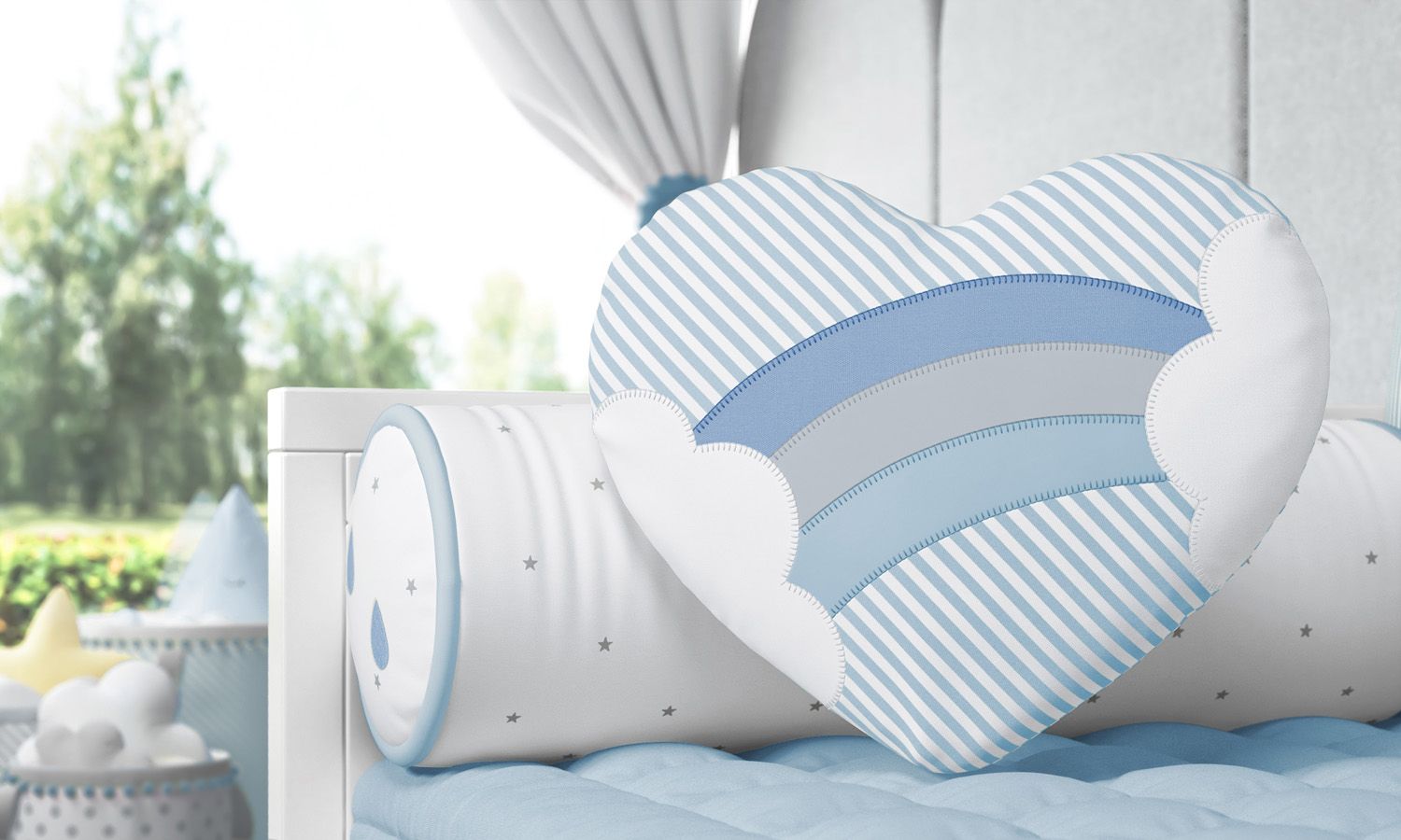 Almofada Coração Bordado Arco-Íris 38cm