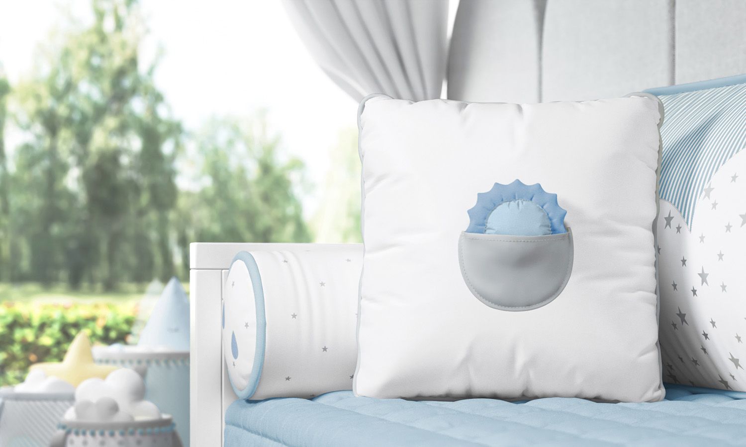 Almofada com Bolso Solzinho Amarelo/Salmão 38cm