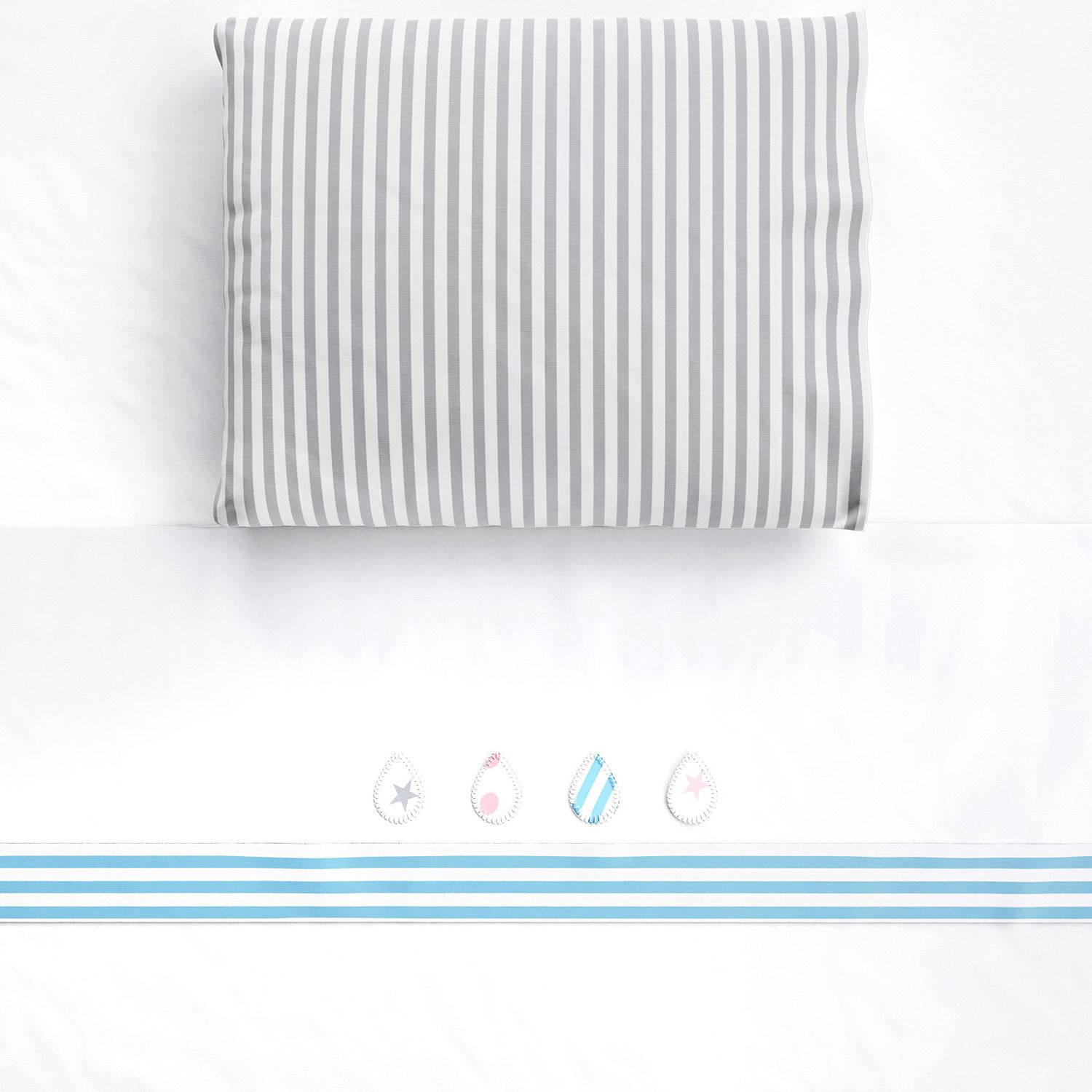 Jogo de Lençol Berço Bordado Gotinhas e Listras Azul 3 peças