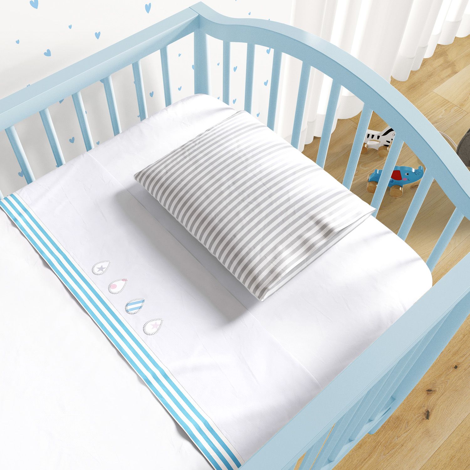 Jogo de Lençol Berço Bordado Gotinhas e Listras Azul 3 peças