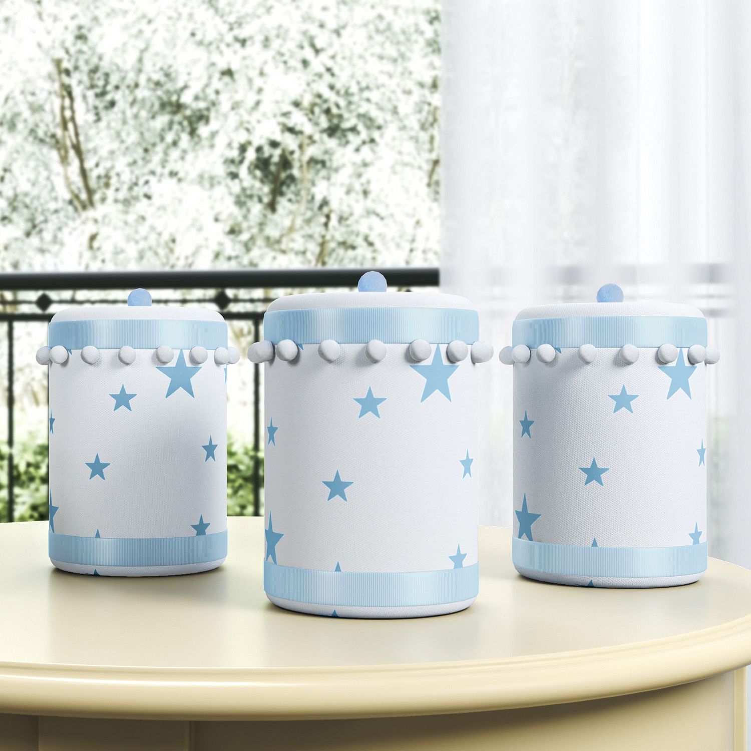 Jogo de Potes Estrelinhas e Pompons Cinza