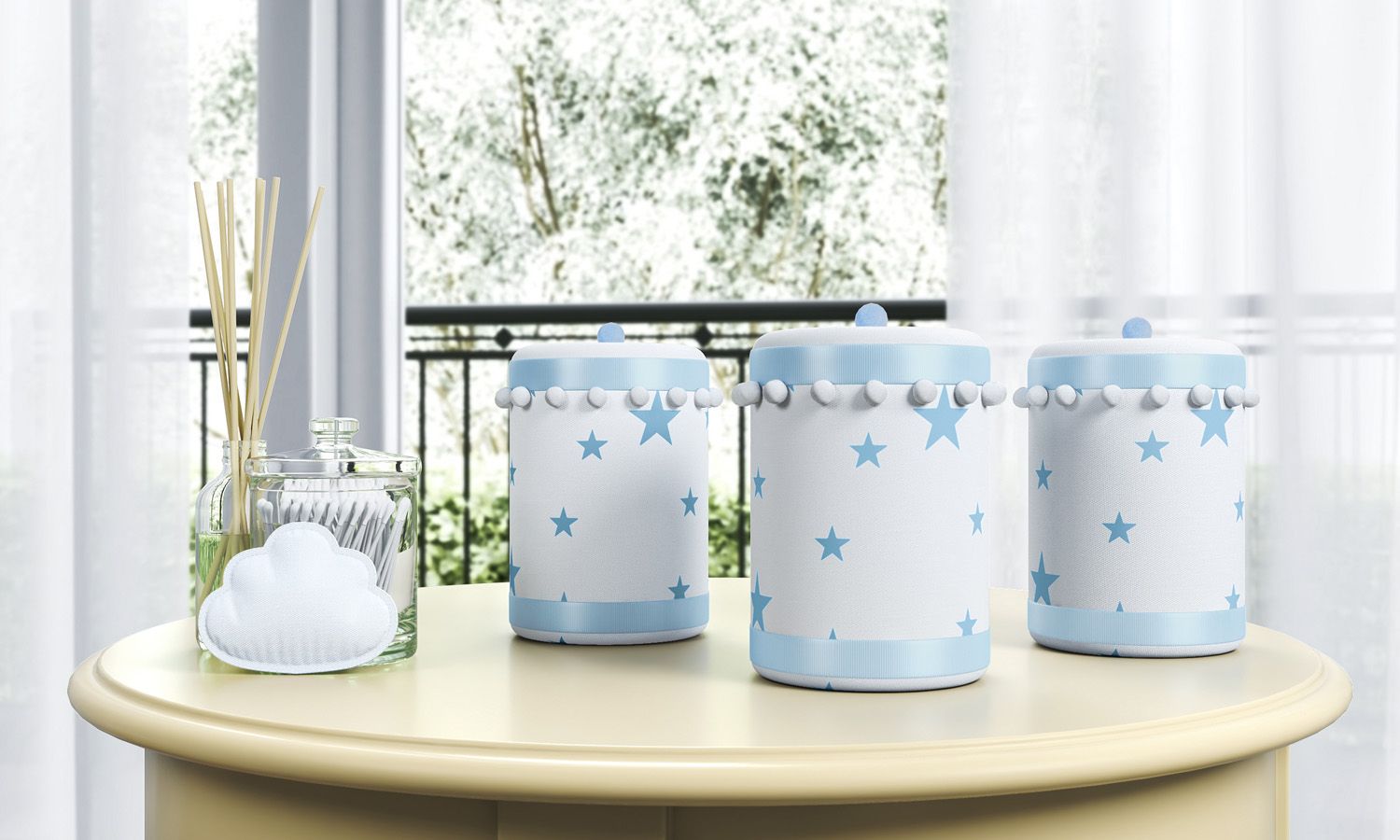 Jogo de Potes Estrelinhas e Pompons Cinza