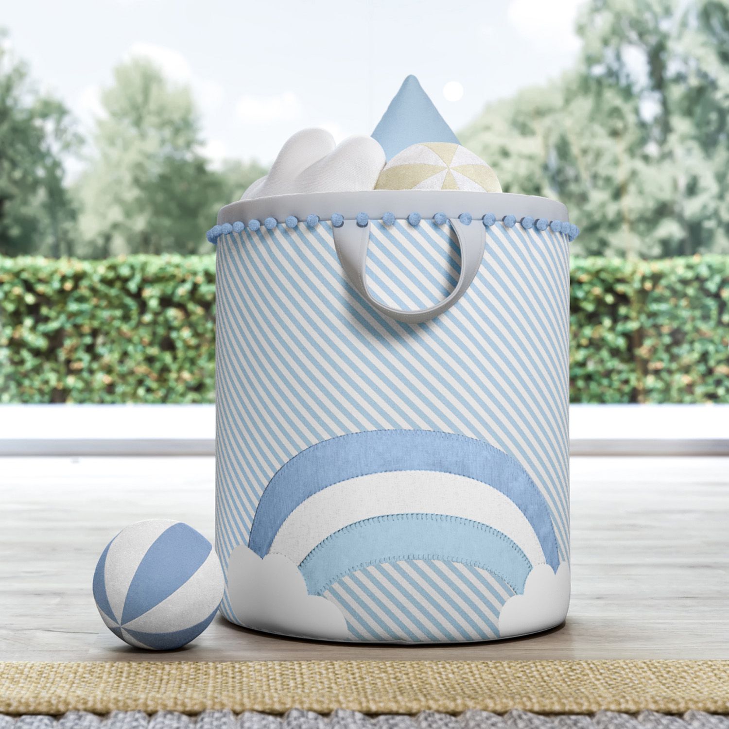 Cesto Organizador para Brinquedos Arco-Íris Listrado Azul 35cm